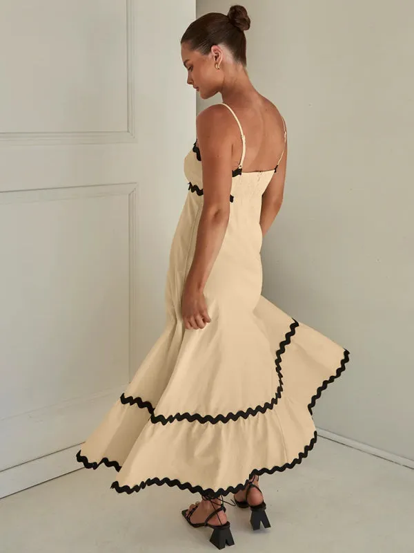 Wavy Trim Maxi Dress with Spaghetti Straps and A-line Silhouette