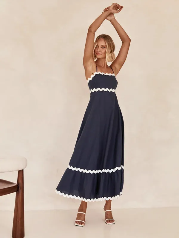 Wavy Trim Maxi Dress with Spaghetti Straps and A-line Silhouette