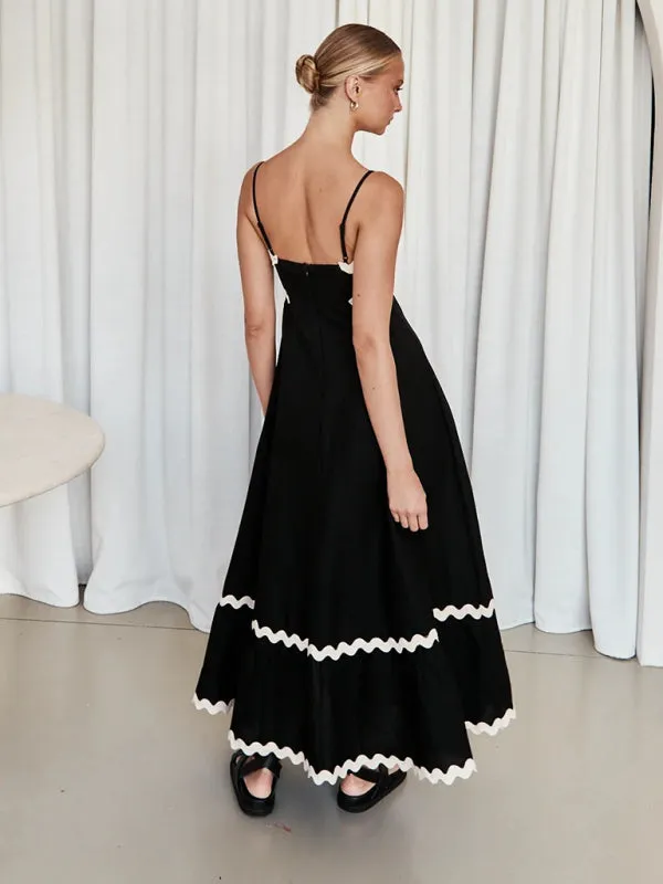 Wavy Trim Maxi Dress with Spaghetti Straps and A-line Silhouette