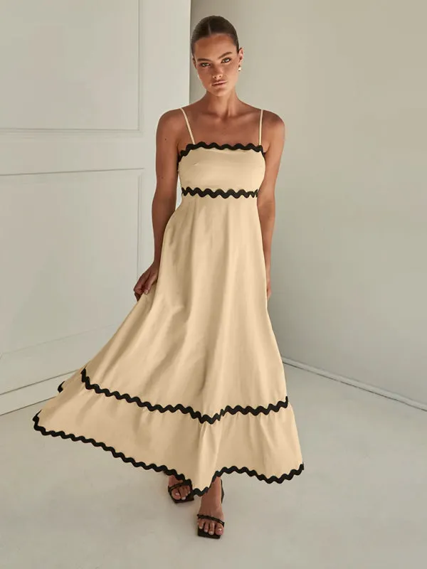 Wavy Trim Maxi Dress with Spaghetti Straps and A-line Silhouette
