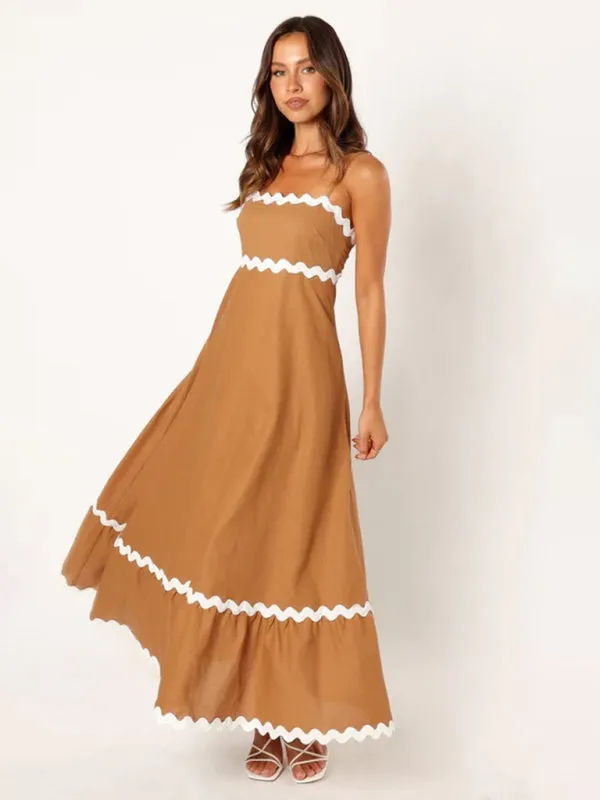 Wavy Trim Maxi Dress with Spaghetti Straps and A-line Silhouette