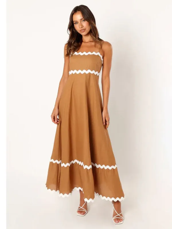 Wavy Trim Maxi Dress with Spaghetti Straps and A-line Silhouette