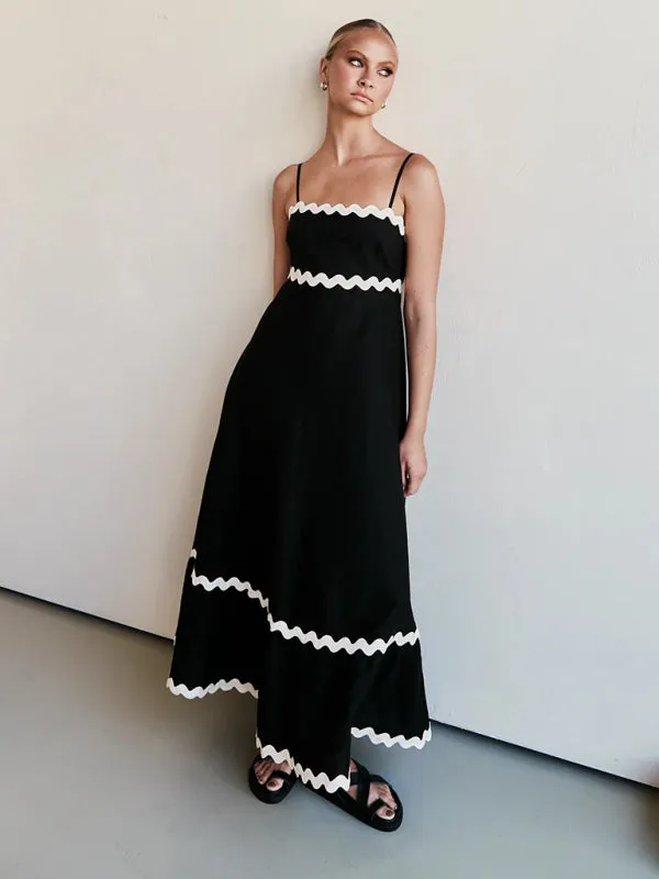 Wavy Trim Maxi Dress with Spaghetti Straps and A-line Silhouette