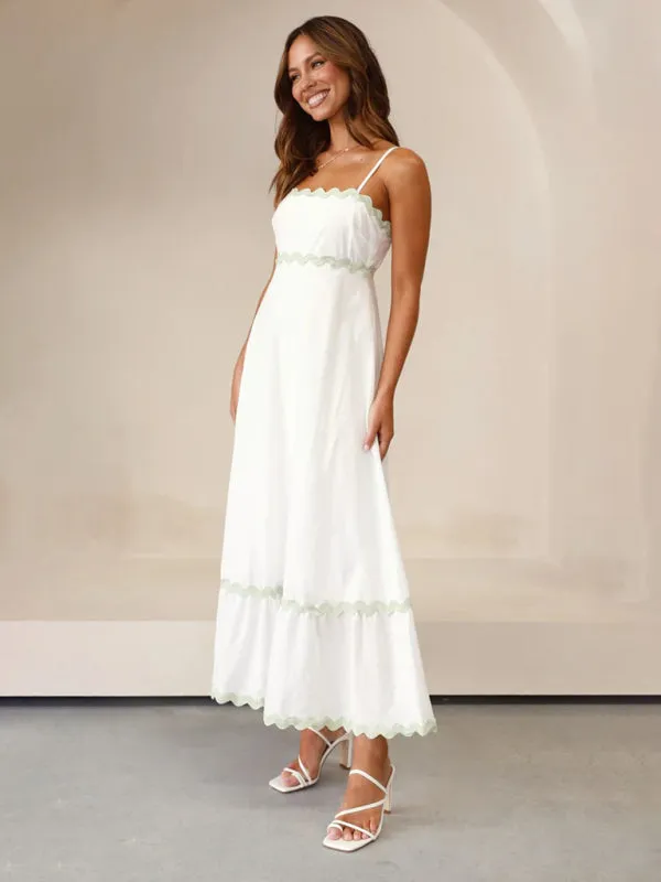 Wavy Trim Maxi Dress with Spaghetti Straps and A-line Silhouette