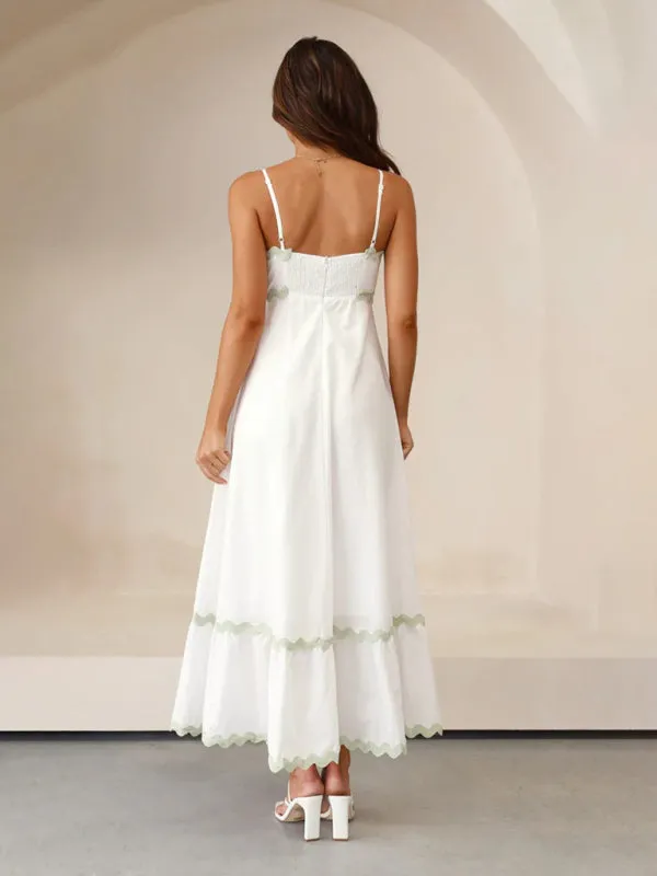 Wavy Trim Maxi Dress with Spaghetti Straps and A-line Silhouette