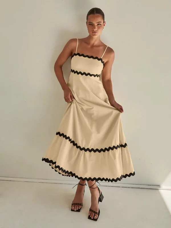 Wavy Trim Maxi Dress with Spaghetti Straps and A-line Silhouette