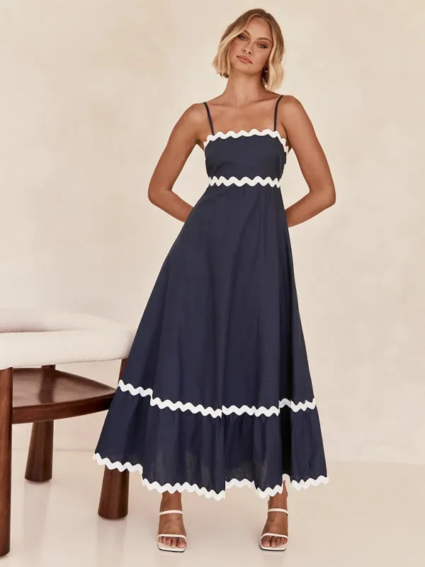 Wavy Trim Maxi Dress with Spaghetti Straps and A-line Silhouette