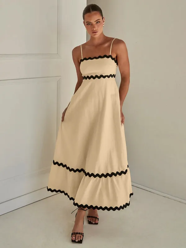 Wavy Trim Maxi Dress with Spaghetti Straps and A-line Silhouette