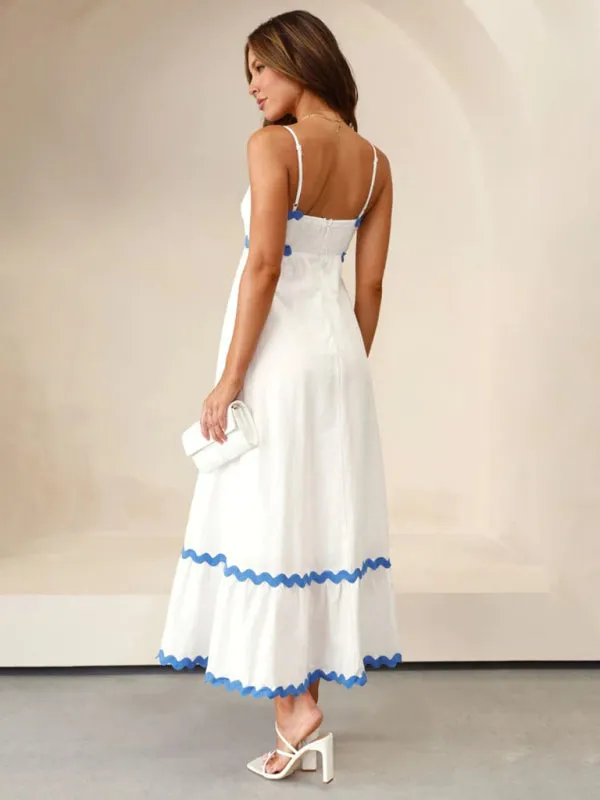 Wavy Trim Maxi Dress with Spaghetti Straps and A-line Silhouette
