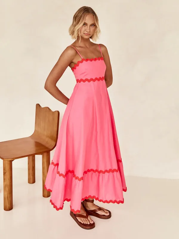 Wavy Trim Maxi Dress with Spaghetti Straps and A-line Silhouette