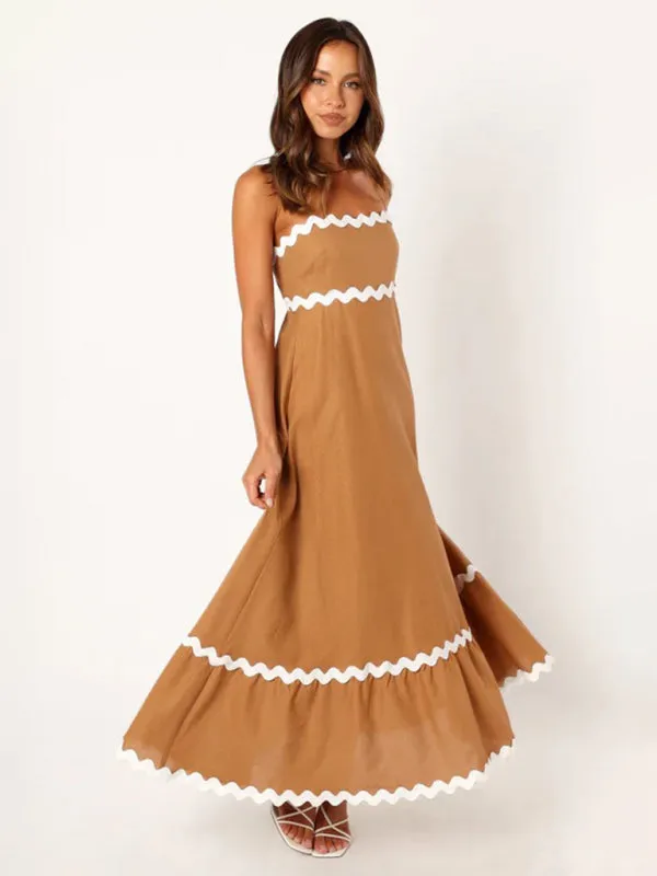 Wavy Trim Maxi Dress with Spaghetti Straps and A-line Silhouette