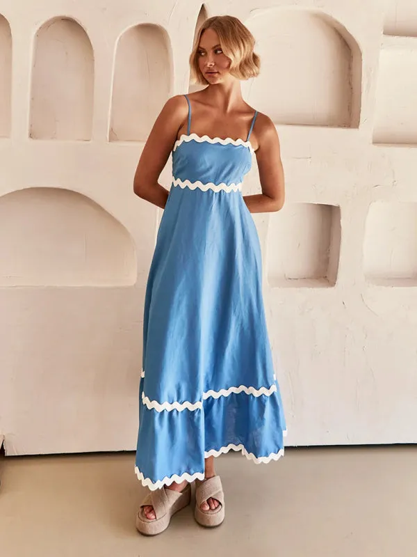 Wavy Trim Maxi Dress with Spaghetti Straps and A-line Silhouette