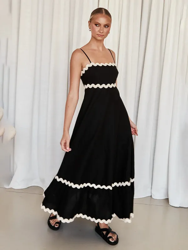 Wavy Trim Maxi Dress with Spaghetti Straps and A-line Silhouette