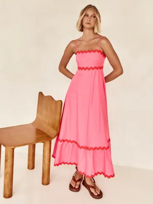 Wavy Trim Maxi Dress with Spaghetti Straps and A-line Silhouette