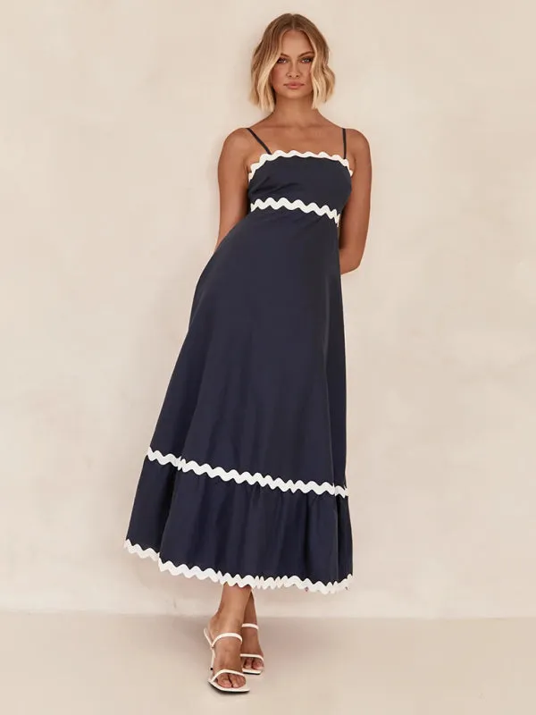 Wavy Trim Maxi Dress with Spaghetti Straps and A-line Silhouette