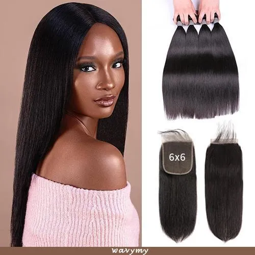 Wavymy Straight Virgin Human Hair 4 Bundles with 6x6 Closure