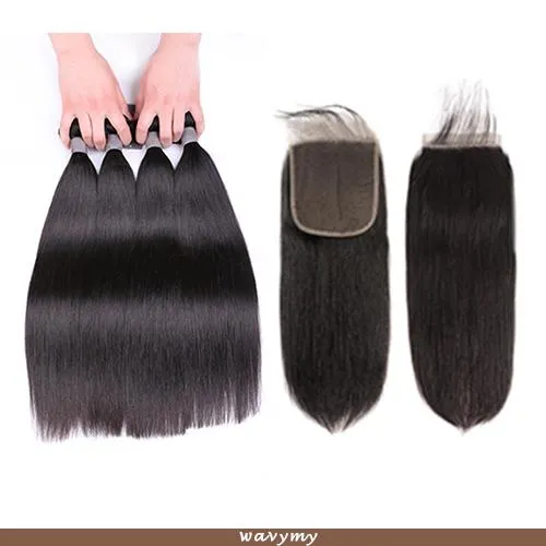 Wavymy Straight Virgin Human Hair 4 Bundles with 6x6 Closure