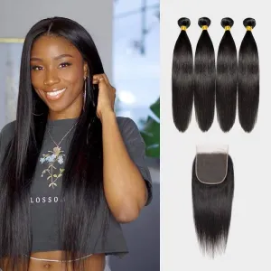 Wavymy Straight Virgin Human Hair 4 Bundles with 6x6 Closure