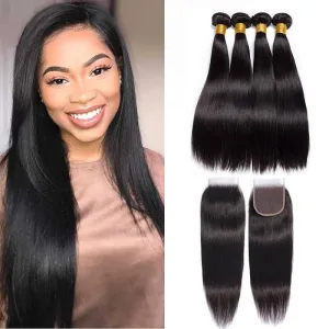 Wavymy Straight Virgin Human Hair Weave 4 Bundles with 4x4 Lace Closure