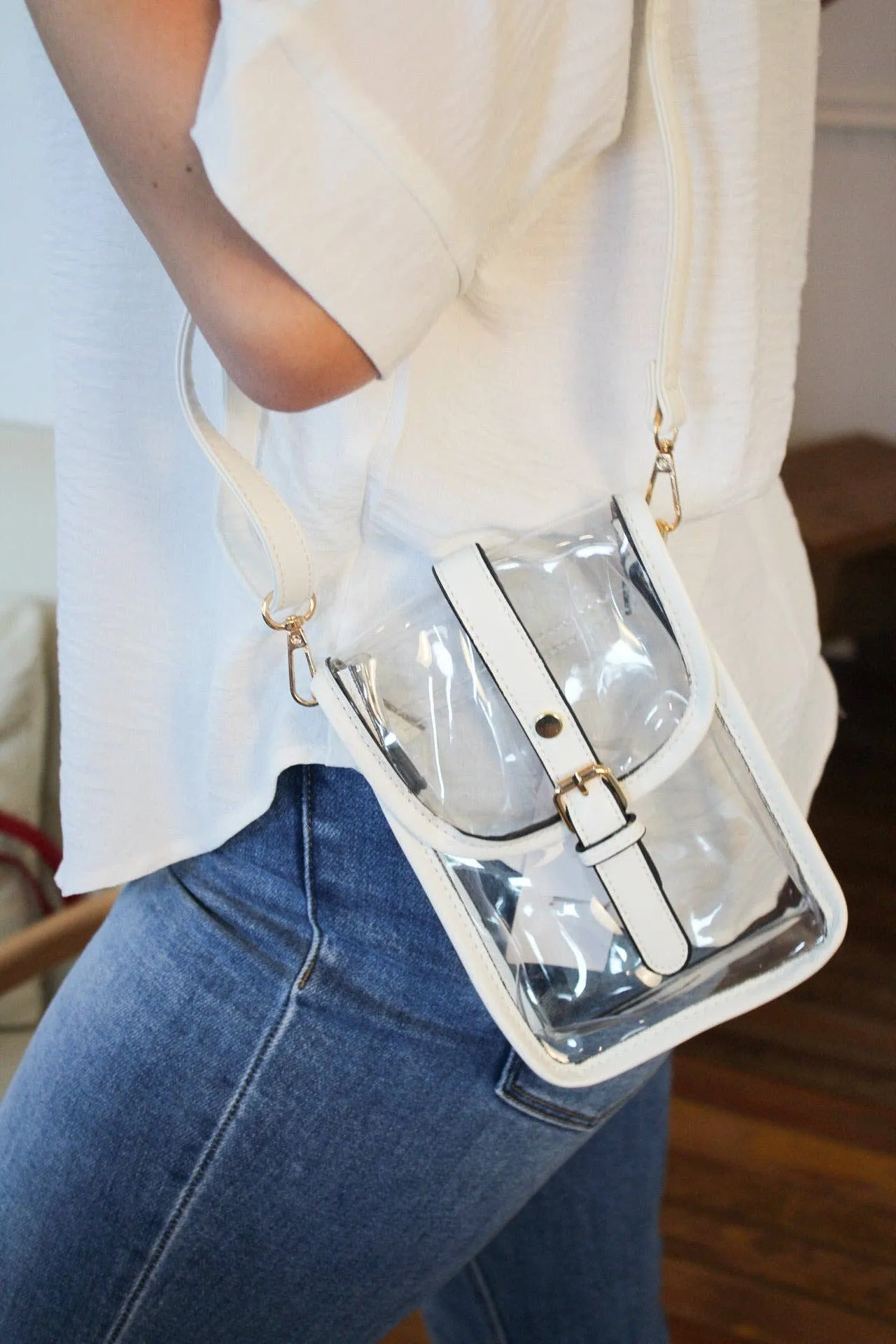 White Game Day Clear Buckle Strap Mini Crossbody Bag