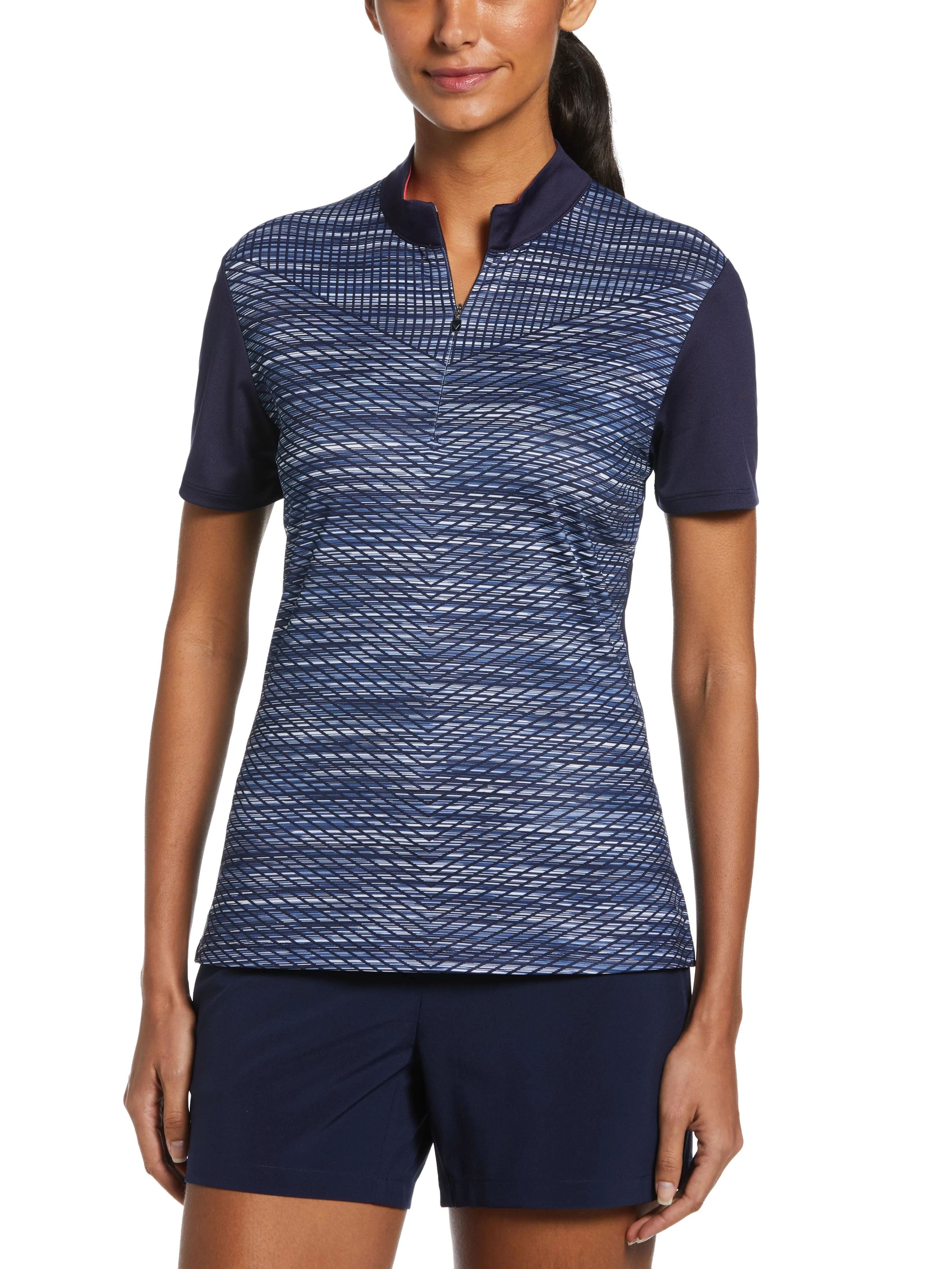 Womens Zip Mock Space-Dye Chevron Print Golf Polo
